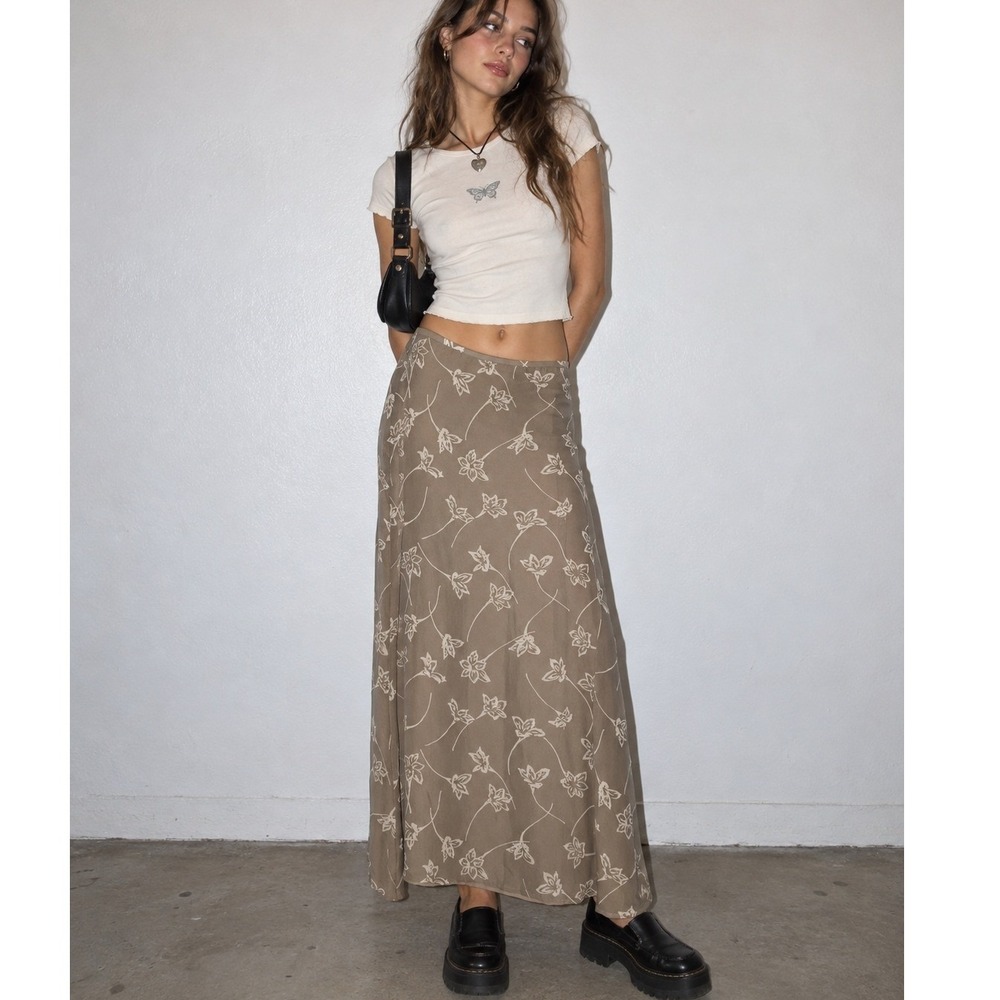 Vintage Silk Blend Floral Maxi Skirt Size 14 Taupe Bias Cut Y2K